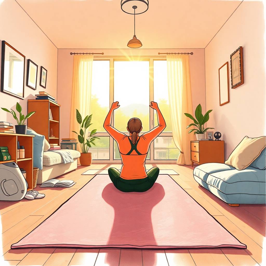 a woman sitting on a rug in a room with windows and sunlight. 10 fun and effective ways to stay active while working from home.